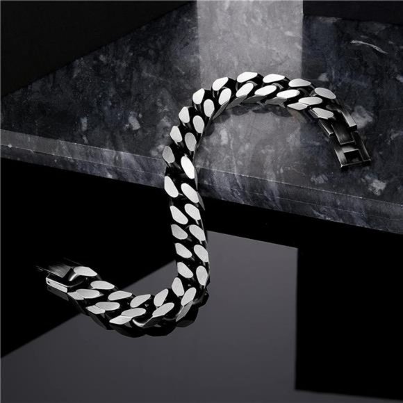 Bracelets for Men-Stainless Steel Fold Over Clasp Cuban Chain Mens Bracelet - Picture 4 of 6